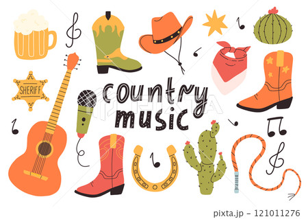 Country music concept. Lettering country music in hand drawn style with guitar. Vector illustration. Country music concept. Lettering country music in hand drawn style with guitar. Vector illustration. 121011276