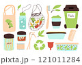 Zero waste set. Collection of environmental elements. Vector illustration.Flat style. Recyclable bio items. 121011284