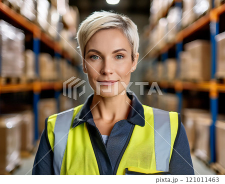 Warehouse Picker in Large Industrial Warehouse Warehouse Picker in Large Industrial Warehouse 121011463