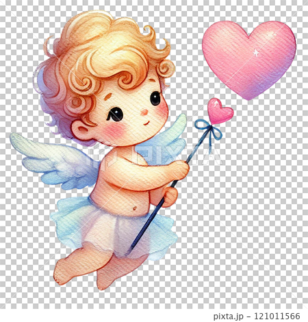 A cute cupid character holding a heart-shaped balloon. Valentine's cartoon character. 121011566