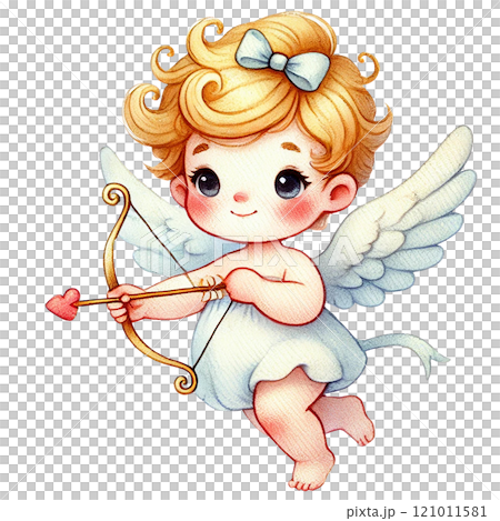 Cute angel with a bow and arrow, symbolizing love and affection. Valentine's cartoon character. Cute angel with a bow and arrow, symbolizing love and affection. Valentine's cartoon character. 121011581
