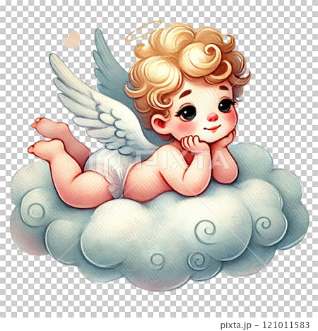 Cute angelic baby cherub resting on clouds with a dreamy expression. Valentine's cartoon character. 121011583