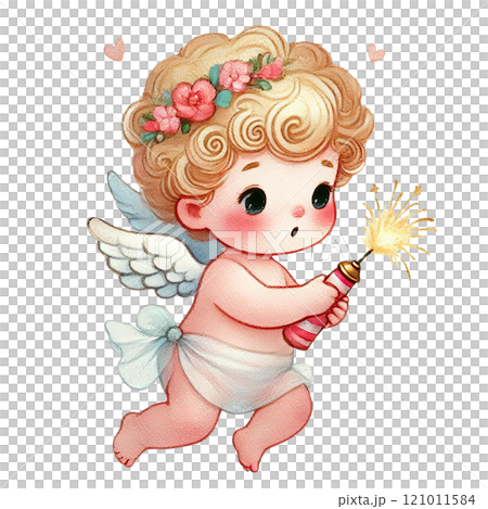 Cute angelic baby holding a sparkler in a whimsical setting. Valentine's cartoon character. 121011584
