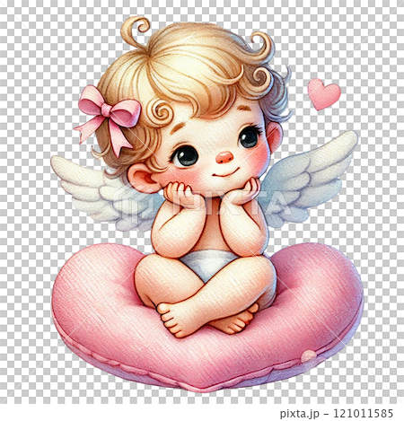 Cute angelic baby sitting on a heart-shaped cushion, adorable expression. Valentine's cartoon character. Cute angelic baby sitting on a heart-shaped cushion, adorable expression. Valentine's cartoon character. 121011585
