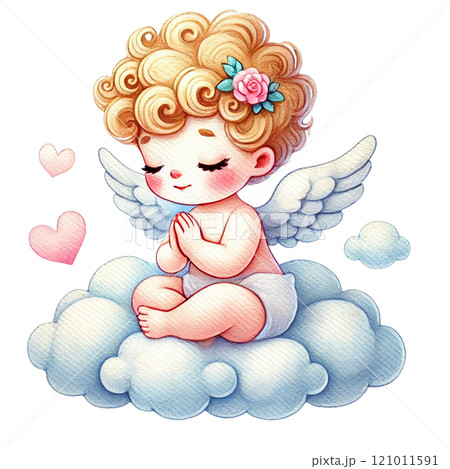 Cute angelic child resting on a cloud with a serene expression. Valentine's cartoon character. 121011591
