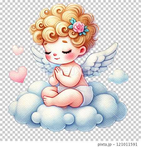 Cute angelic child resting on a cloud with a serene expression. Valentine's cartoon character. 121011591