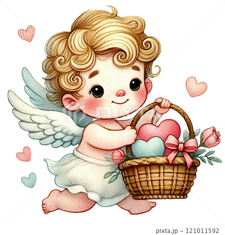 Cute angelic child with a basket of hearts and roses. Valentine's cartoon character. 121011592