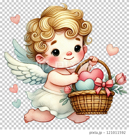 Cute angelic child with a basket of hearts and roses. Valentine's cartoon character. 121011592