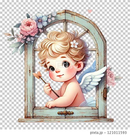 Cute angelic child with wings peeking from a floral window. Valentine's cartoon character. 121011593