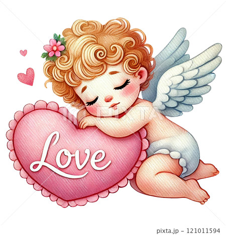Cute angelic figure embracing a pink love heart symbol. Valentine's cartoon character. 121011594