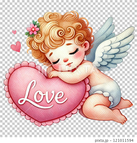 Cute angelic figure embracing a pink love heart symbol. Valentine's cartoon character. 121011594