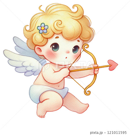 Cute baby angel character with bow and arrow in a playful pose. Valentine's cartoon character. 121011595
