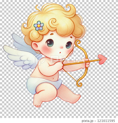 Cute baby angel character with bow and arrow in a playful pose. Valentine's cartoon character. 121011595