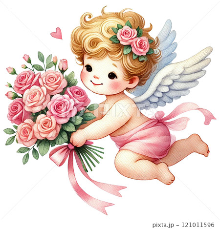 Cute cherub angel presenting a bouquet of pink roses. Valentine's cartoon character. 121011596