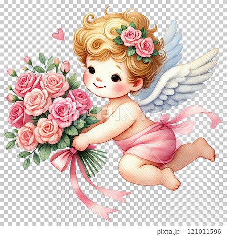Cute cherub angel presenting a bouquet of pink roses. Valentine's cartoon character. 121011596