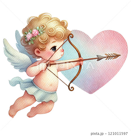 Cute cupid aiming an arrow towards a heart symbolizing love. Valentine's cartoon character. 121011597
