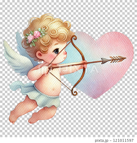 Cute cupid aiming an arrow towards a heart symbolizing love. Valentine's cartoon character. 121011597