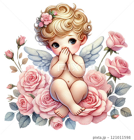 Whimsical angelic baby surrounded by blooming roses. Valentine's cartoon character. 121011598
