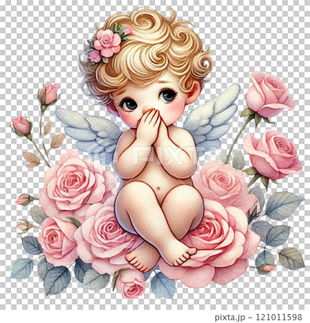 Whimsical angelic baby surrounded by blooming roses. Valentine's cartoon character. 121011598