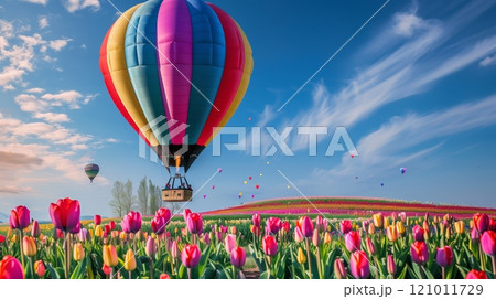 A candy-colored hot air balloon soars over vibrant tulips; a breathtaking blend of nature and adventure. 121011729