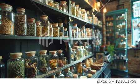 An old apothecary shop with herb jars symbolizes the intricate healing journey of personal growth. 121011759