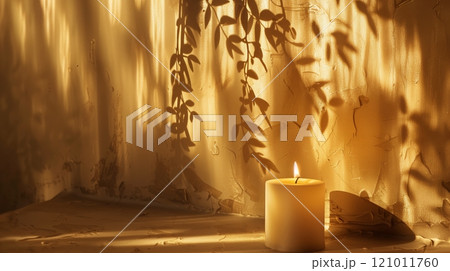 A candlelit room bathes in golden light, casting gentle shadows - suggesting private contemplation and peace. 121011760