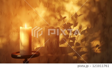 A candle-lit room with a golden glow casts intricate shadows, sparking serene contemplation and creativity. 121011761