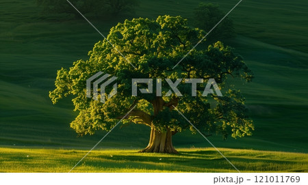 A majestic oak tree stands alone in a lush pasture, bathed in sunset, its branches casting shadows. A majestic oak tree stands alone in a lush pasture, bathed in sunset, its branches casting shadows. 121011769