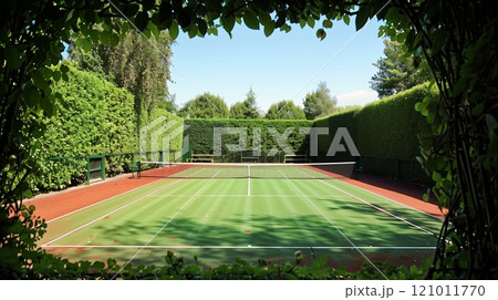 A tennis court framed by a green hedge, freshly painted lines, and a taut net awaits an exciting match. 121011770