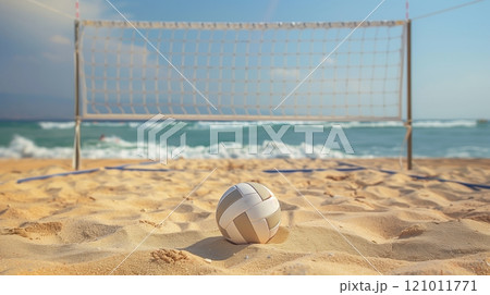 A pristine beach volleyball court with golden sands, a taut net, and a ball centered, waves crashing behind. A pristine beach volleyball court with golden sands, a taut net, and a ball centered, waves crashing behind. 121011771
