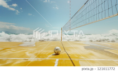 A pristine volleyball beach court with golden sands, a taut net, and centered ball awaits players. A pristine volleyball beach court with golden sands, a taut net, and centered ball awaits players. 121011772