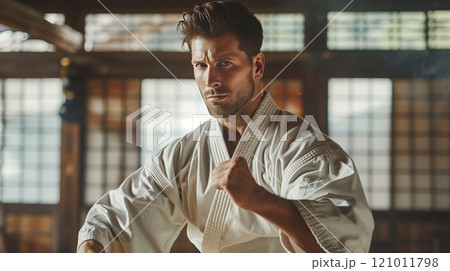 A dedicated man practices martial arts, embodying discipline and harmony, showcasing years of honed skill. 121011798