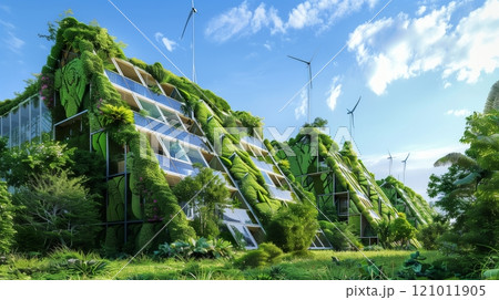 An eco-technopark with living wall buildings harnessing wind and solar energy, serving as bio-engineering hubs. 121011905