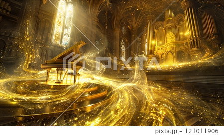 A gilded stage with spectral instruments creates swirling golden melodies, enchanting all who witness. 121011906