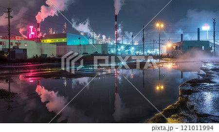 An industrial park in heavy rain, with steam rising and neon reflections, looks straight out of a sci-fi movie. 121011994