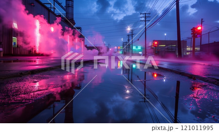 An industrial park in heavy rain, with steam and neon reflections, creates a surreal blend of nature and tech. 121011995