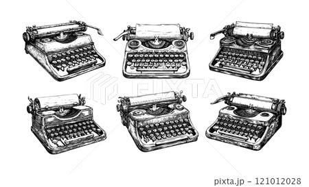 Engraving writer typewriter. Retro writing device for writers journalists or secretary and poets, script literature printing mechanical typer text machine, hand drawn vintage isolated vectors 121012028