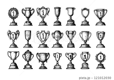 Engraving winner cups. Champion goblets trophy achievement sport competition prize award, leader reward symbol, hand drawn monochrome ink sketch isolated vector on white background 121012030