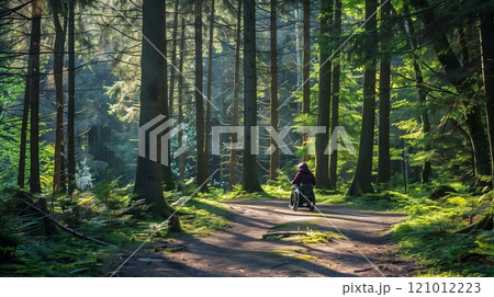 A serene forest trail with an accessible path sees a person in a power wheelchair exploring the beauty. 121012223