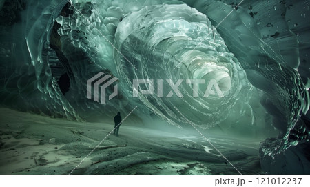 A mysterious ice cave features formations resembling intricate glass sculptures, captivating visitors. 121012237