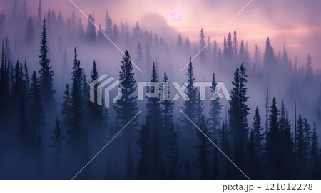 Fog envelops towering pines at dawn, creating a haunting silhouette against the early morning light. 121012278