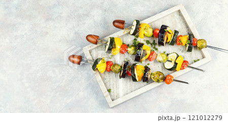 Skewers of colorful vegetables. 121012279