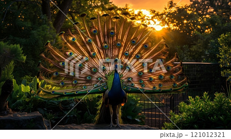 A lush garden at sunset showcases a peacock's iridescent tail, creating a captivating and serene scene. A lush garden at sunset showcases a peacock's iridescent tail, creating a captivating and serene scene. 121012321
