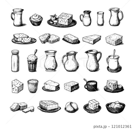 Engraved dairy products. Jug of milk with butter cottage cheese and yogurt, organic fresh nutrition protein production farm rural hand made food, retro ink sketch monochrome isolated vectors Engraved dairy products. Jug of milk with butter cottage cheese and yogurt, organic fresh nutrition protein production farm rural hand made food, retro ink sketch monochrome isolated vectors 121012361
