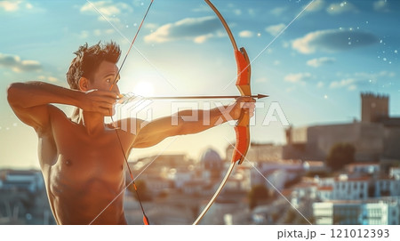 An Olympic archer releases an arrow, frozen mid-flight, aiming for the bullseye against a historic cityscape. 121012393
