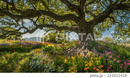 A venerable oak shelters vibrant wildflowers, creating a wildlife haven and touch of nature's beauty. 121012418