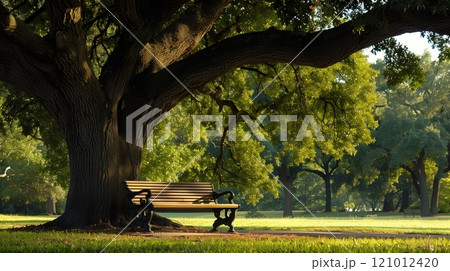 A tranquil park bench under a large oak tree symbolizes the fulfillment from a lifetime of teaching. 121012420