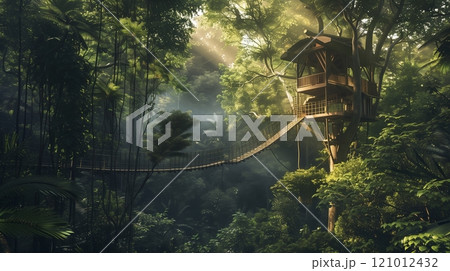 A treehouse high in a forest canopy offers a serene retreat, inspiring peace and self-discovery. 121012432