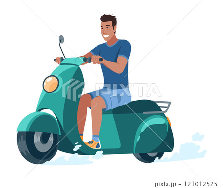 Man on motorbike. Riding or traveling by motorcycle, vacation. Trip concept, vector cartoon illustration 121012525