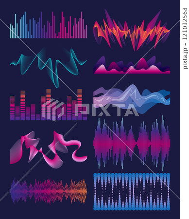 Sound waves equalizer set. Frequency audio waveform, music wave or voice graph signal in HUD style. Abstract sound wave stripe lines. Volume level symbols. Vector cartoon illustration 121012568